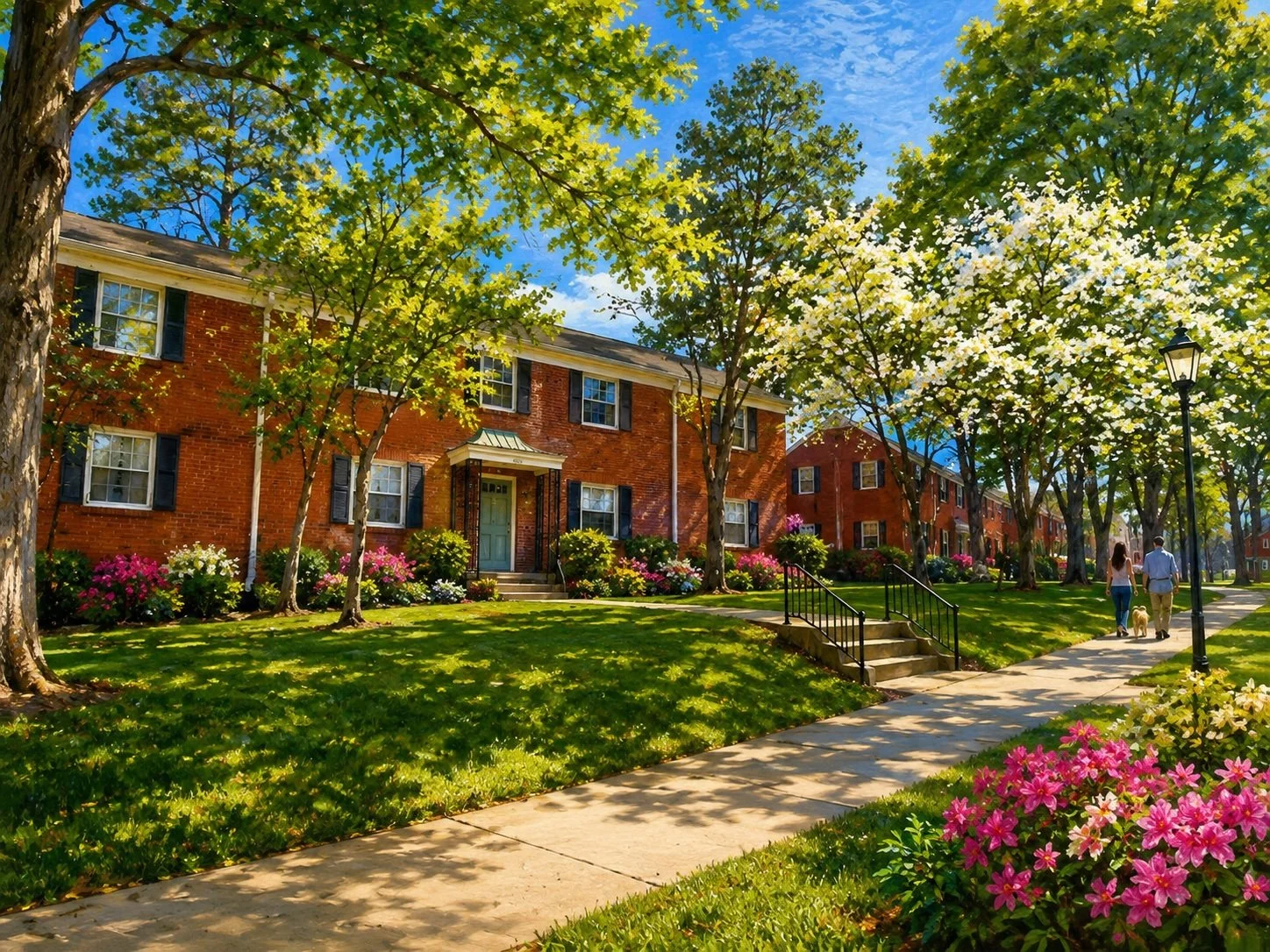 A sunny suburban neighborhood with brick apartment buildings, green lawns, colorful flowers, tall trees, and a paved sidewalk with a man and woman walking their dog.