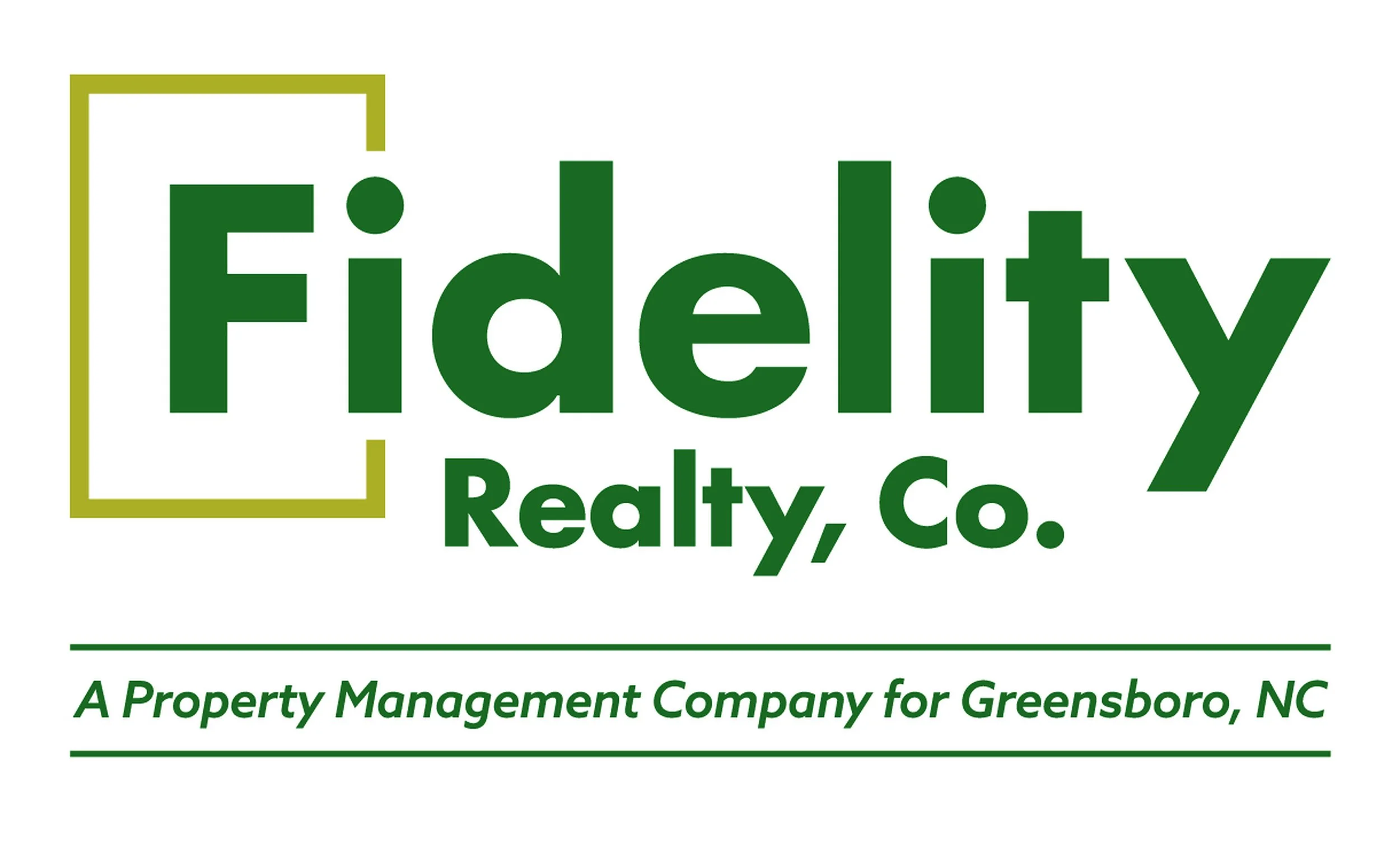 Logo of Fidelity Realty Co., featuring the company name in green text with a gold square outline and additional green text beneath.