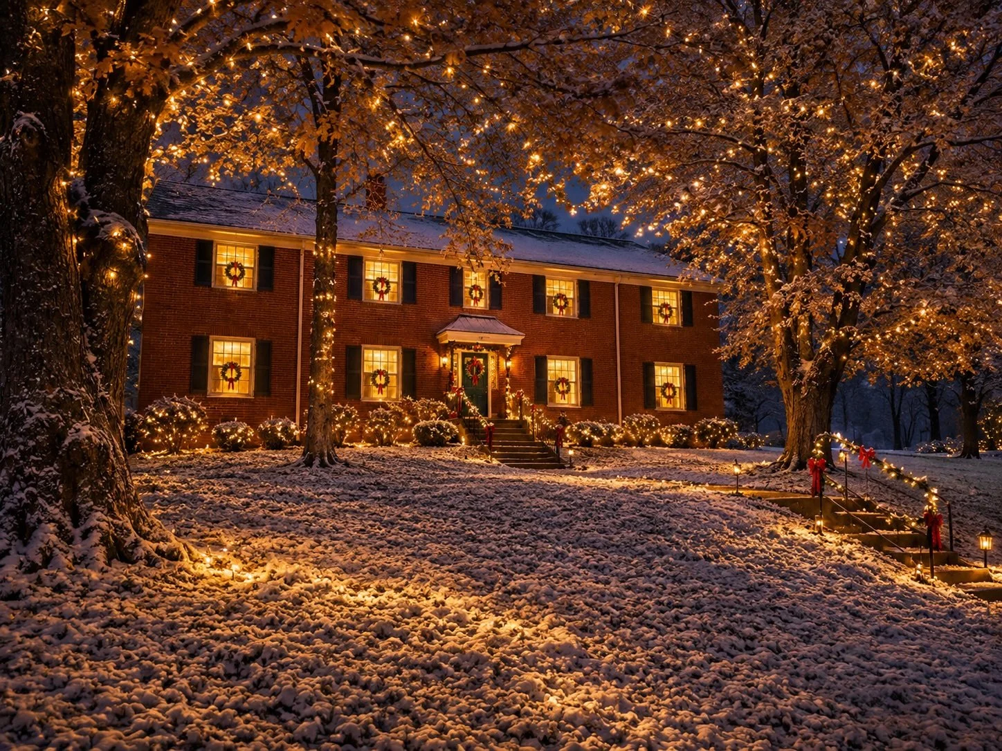 A brick house decorated with Christmas wreaths and illuminated with string lights, surrounded by snow-covered ground and trees, during winter nighttime.