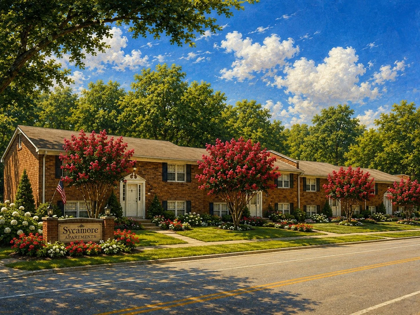 A row of brick apartment buildings with white doors, black shutters, and well-maintained flower beds with pink and white flowers, and trees with pink blossoms along a sidewalk on a sunny day.