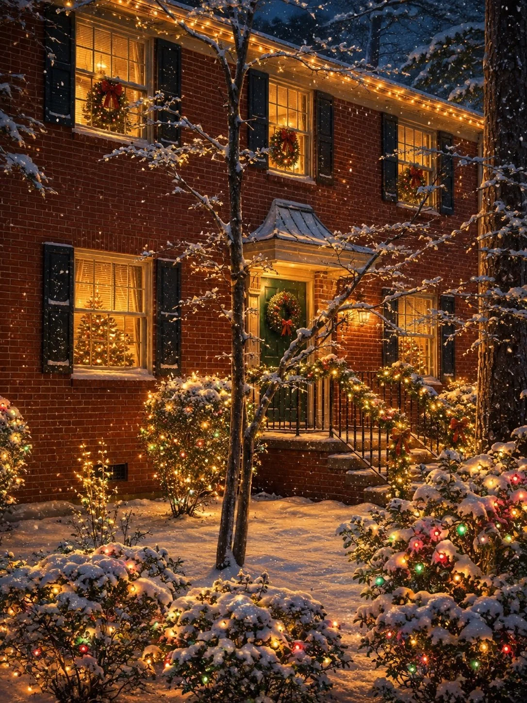 A snow-covered house decorated with Christmas lights and wreaths at night