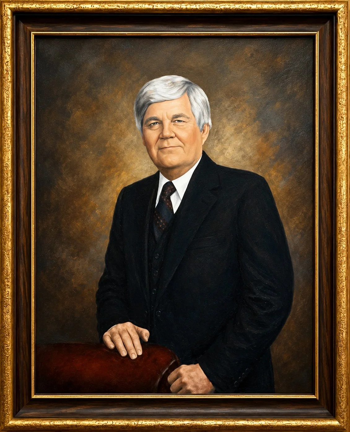 A formal portrait of an older man with silver hair, wearing a black suit, white shirt, and dark patterned tie, posing with one hand resting on a chair.