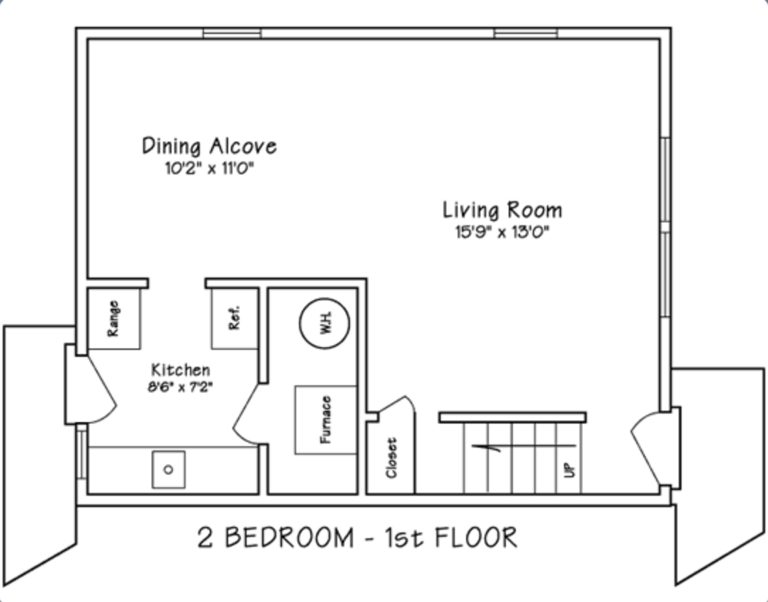 Floor plan of a 2-bedroom house first floor showing a living room, dining alcove, kitchen, closet, utility area, and stairs.