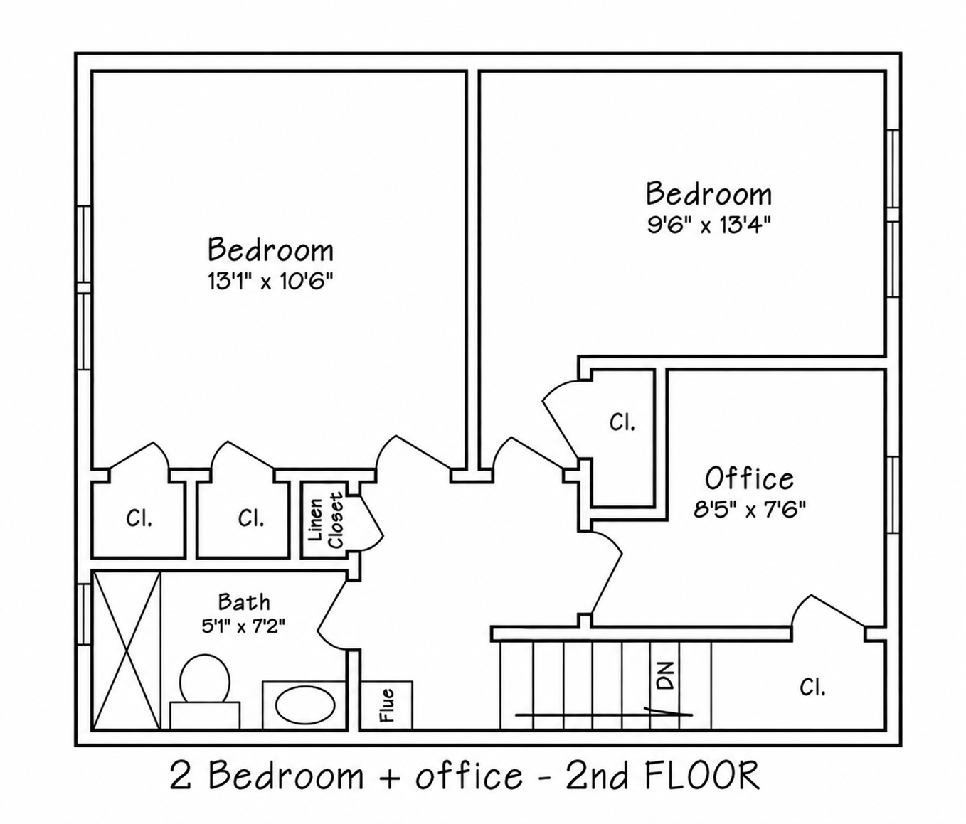Floor plan of the second story of a house, featuring two bedrooms, an office, a bathroom, and closets.