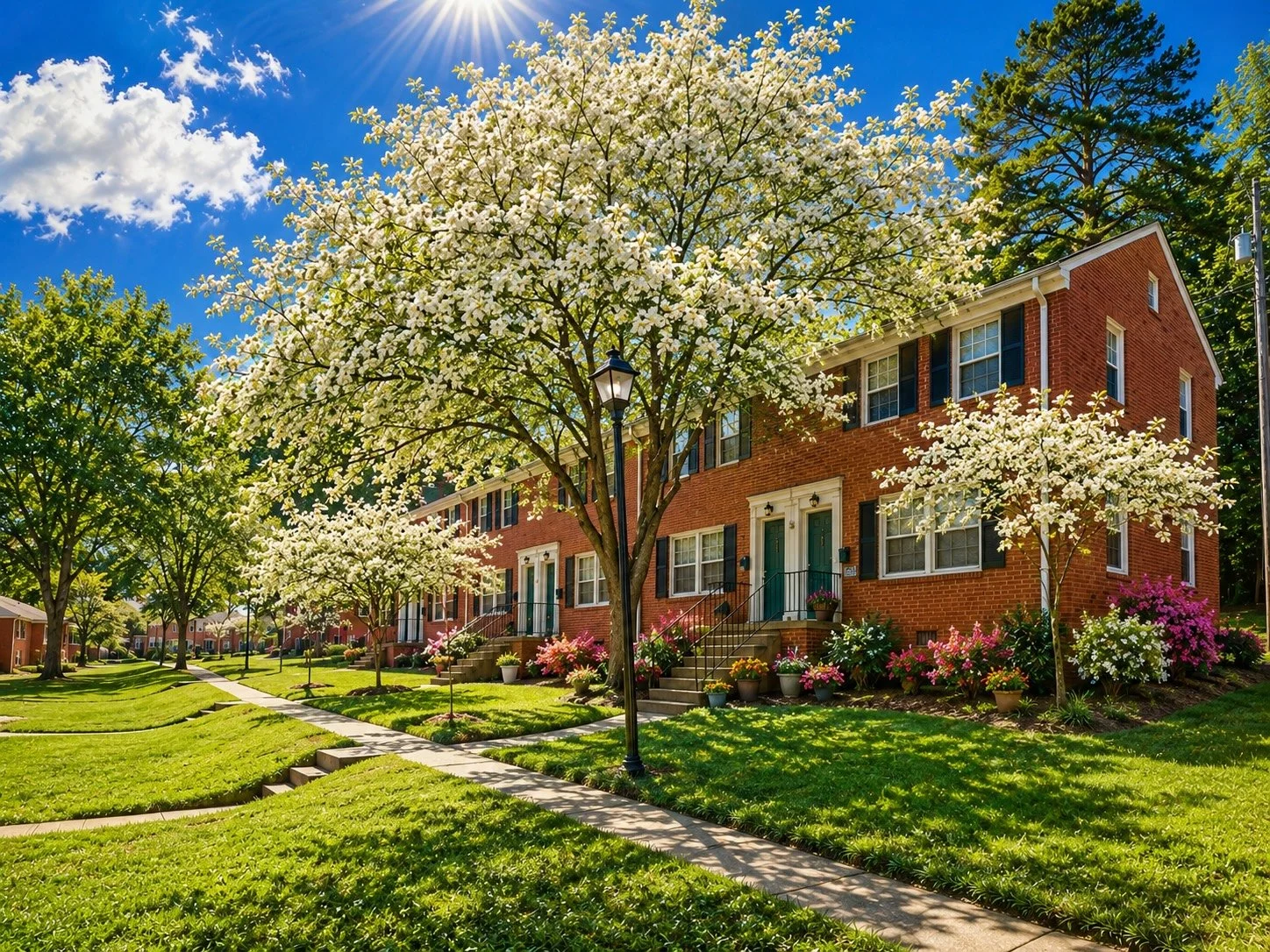 Colorful suburban neighborhood with brick row houses and flowering trees under a bright blue sky with clouds.