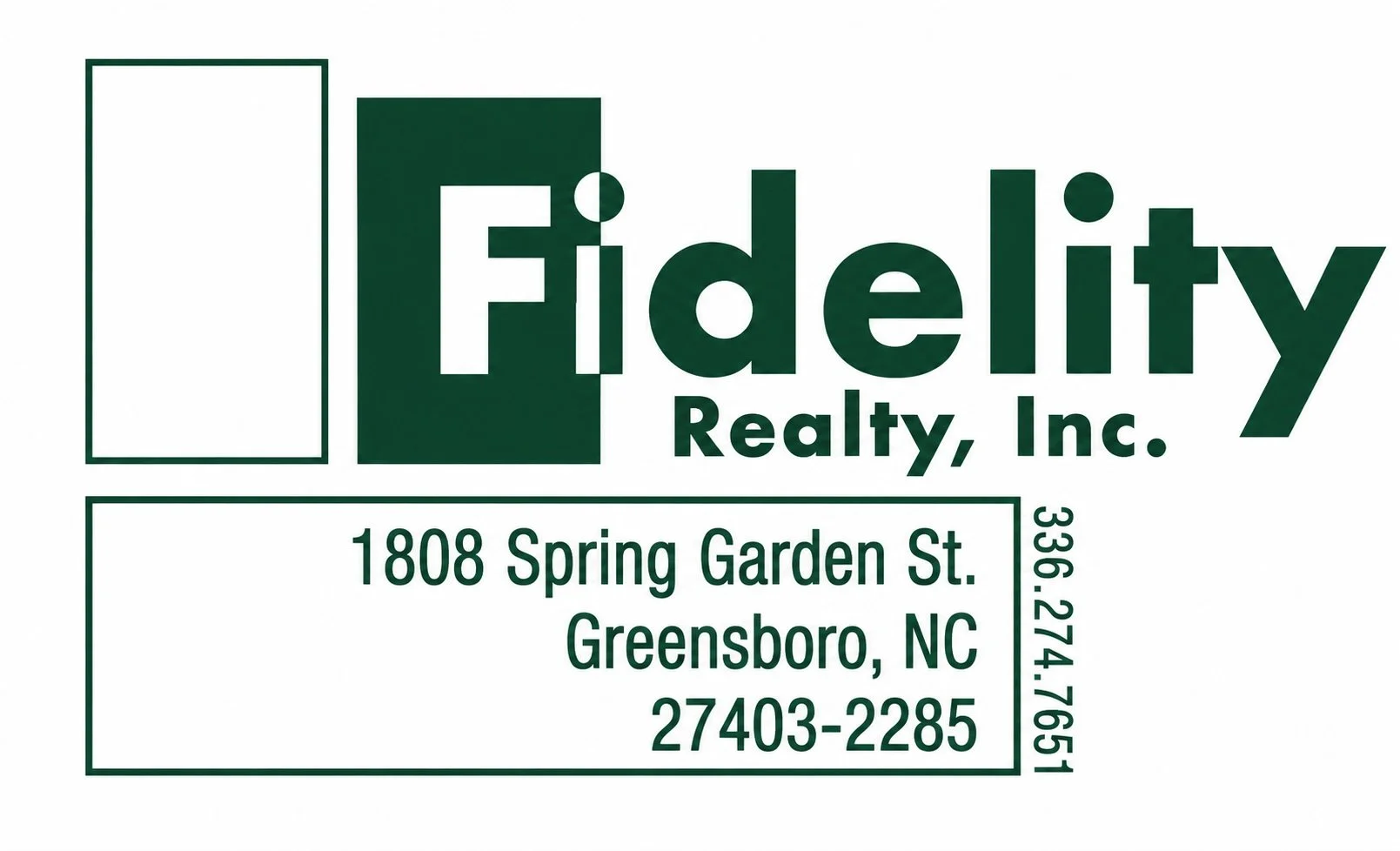 Business card for Fidelity Realty, Inc. showing address 1808 Spring Garden St., Greensboro, NC, and phone number 27403-2285.