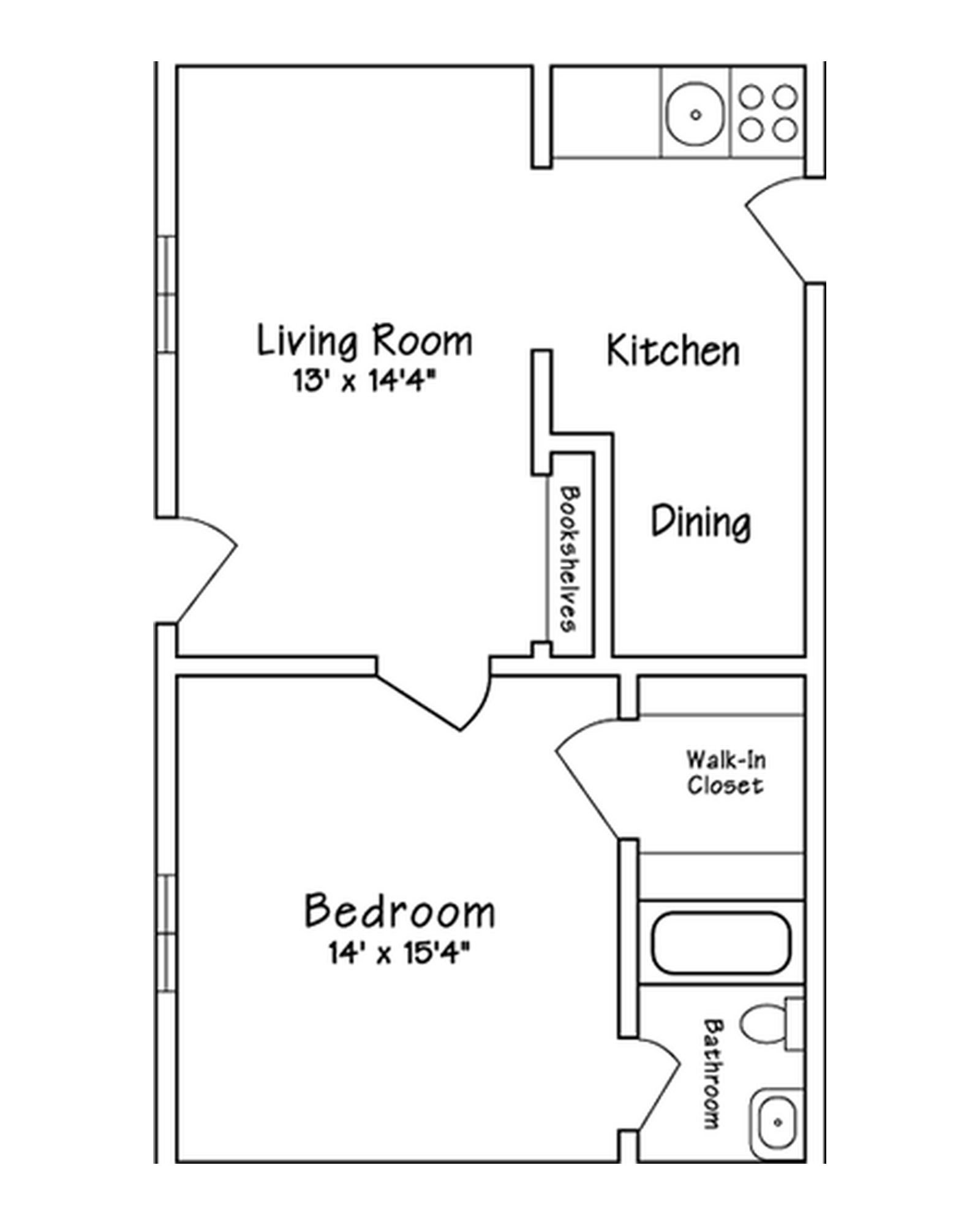 Floor plan of a house showing a bedroom, bathroom, living room, kitchen, and walk-in closet.
