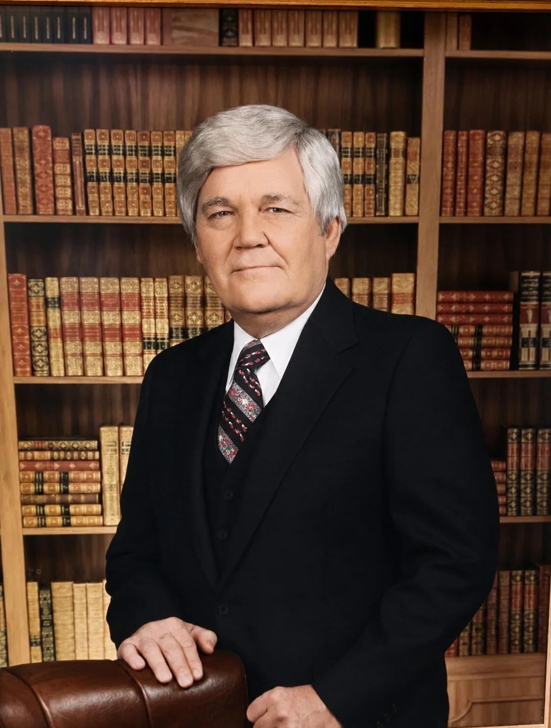 An elderly man with gray hair, wearing a dark suit and a patterned tie, standing in front of a bookshelf filled with leather-bound books, posing with his hand on a leather chair.