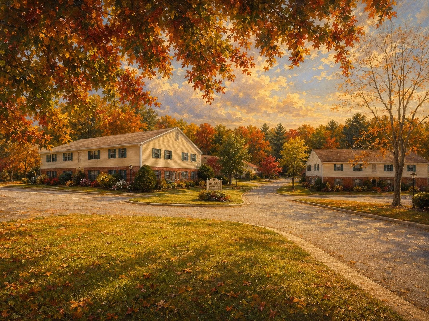 A peaceful residential area with two suburban houses surrounded by colorful fall trees and a curved driveway under a partly cloudy sky.