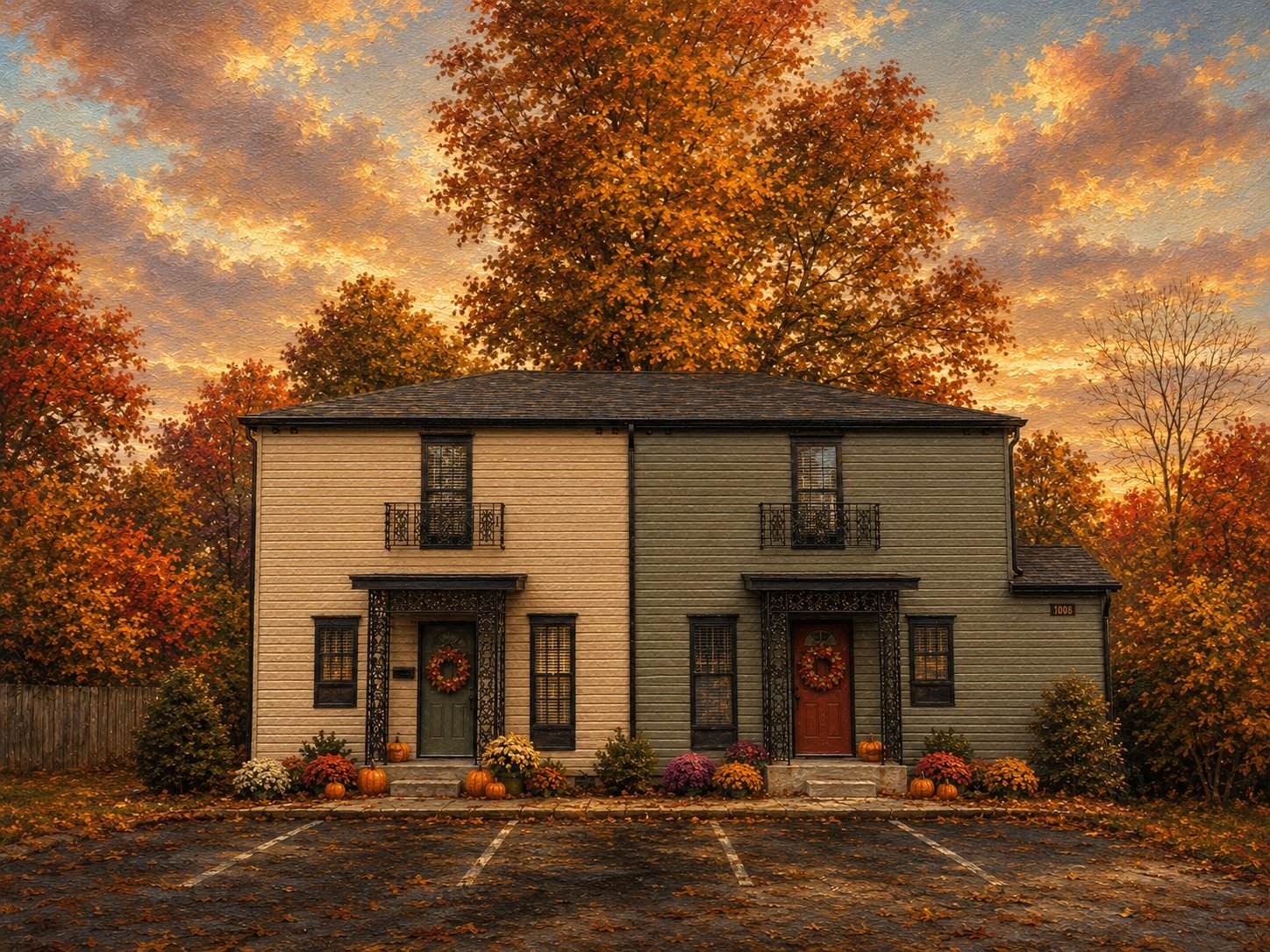 A two-story house decorated with fall decor, pumpkins, and wreaths, surrounded by colorful autumn trees and an overcast sky.