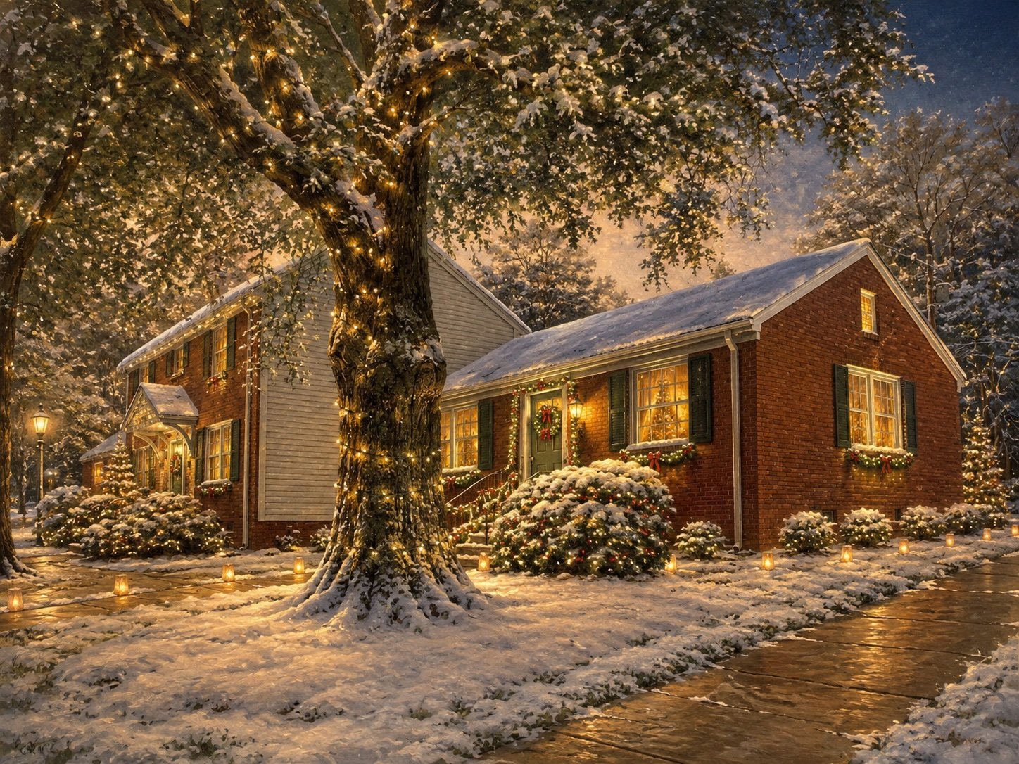 Snow-covered house decorated with Christmas lights, wreath, and garlands, with lit candles along the walkway and snow on the ground and trees at night.
