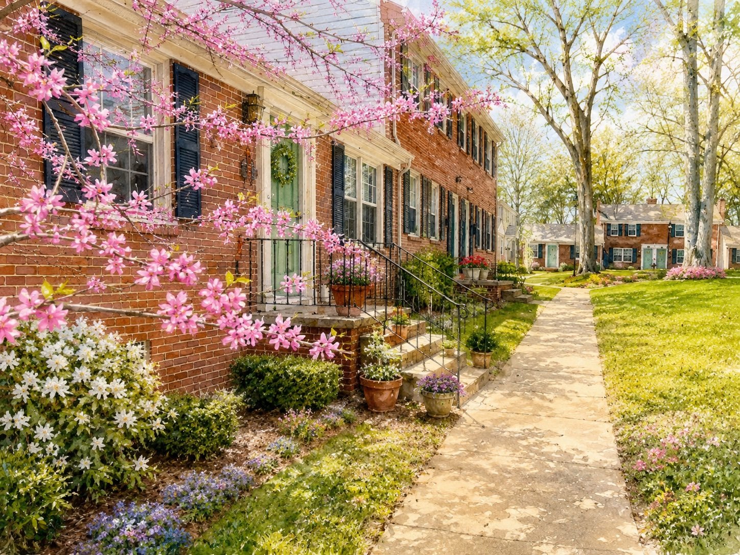 A residential neighborhood with brick houses, a sidewalk, and blooming spring flowers, including pink cherry blossoms and white daisies, under tall trees with light green leaves.