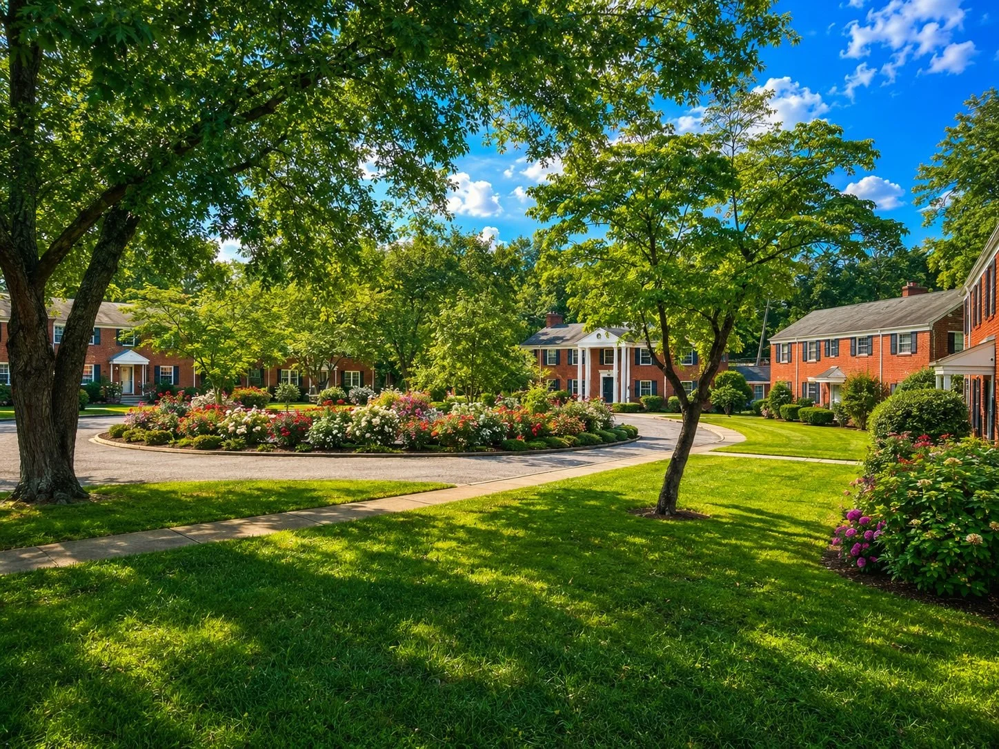 A peaceful residential community with brick townhomes surrounded by well-maintained green lawns, colorful flower beds, and large leafy trees under a bright blue sky with white clouds.