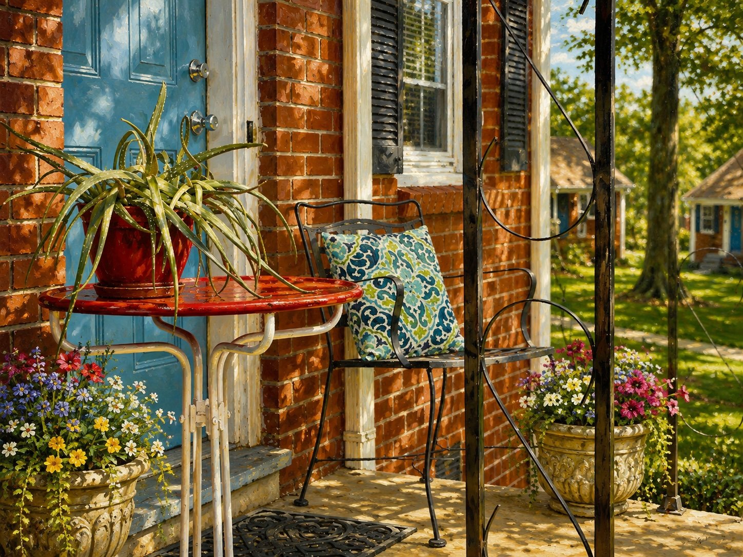 A front porch with red brick walls, a blue door, and a window with black shutters. The porch has potted flowers, a black metal chair with a patterned pillow, and a small red table with a large potted plant. There is outdoor greenery and neighboring houses visible in the background.