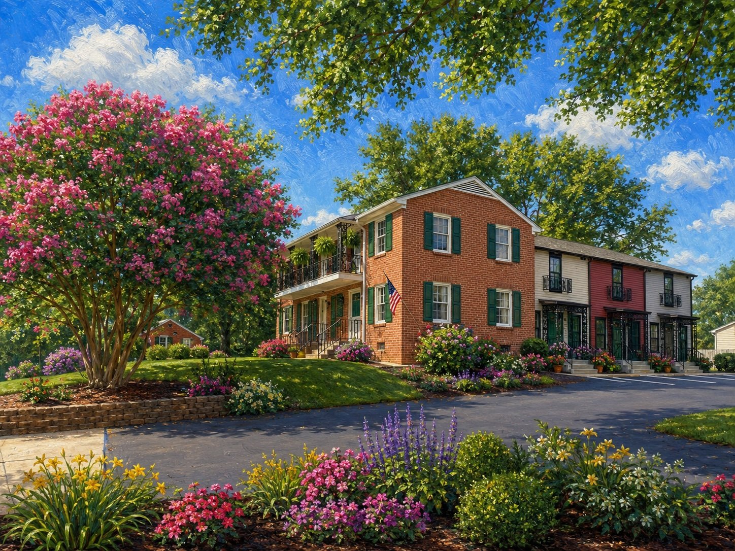 Colorful residential buildings with manicured gardens and blooming flowers, trees, and a clear blue sky.