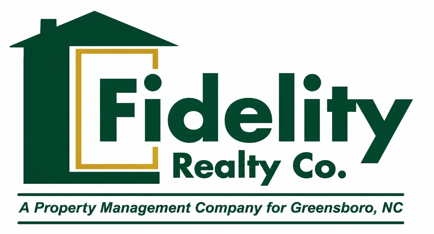 Fidelity Realty Co. logo with a green house icon, a yellow door frame, and text indicating a property management company for Greensboro, North Carolina.