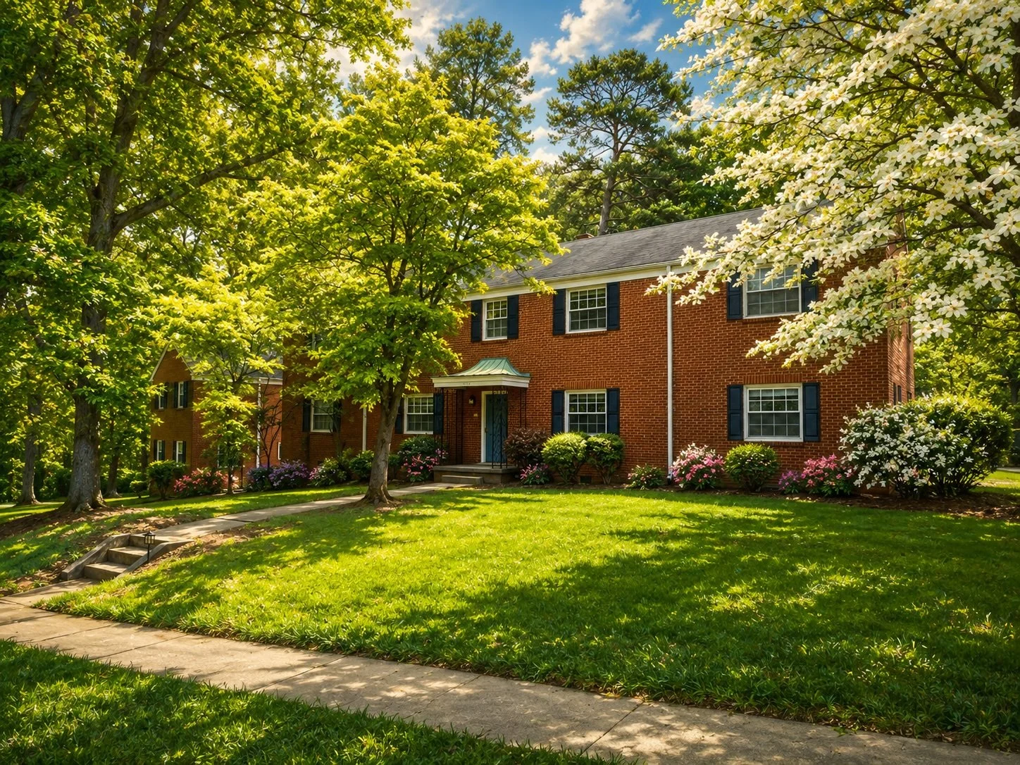 A two-story brick house surrounded by trees and well-maintained lawn with flowering bushes, a stone pathway, in a suburban neighborhood.