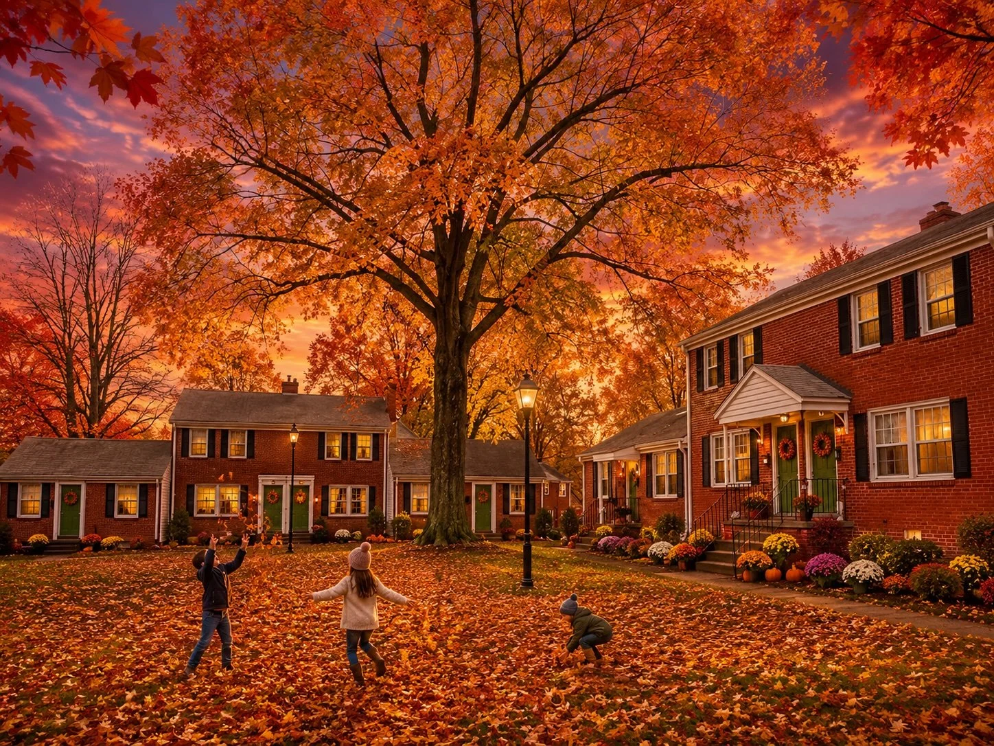 Children playing in a park covered with fallen autumn leaves, surrounded by brick houses with decorated doors, colorful flowers, and trees with orange and red foliage, under a sunset sky.