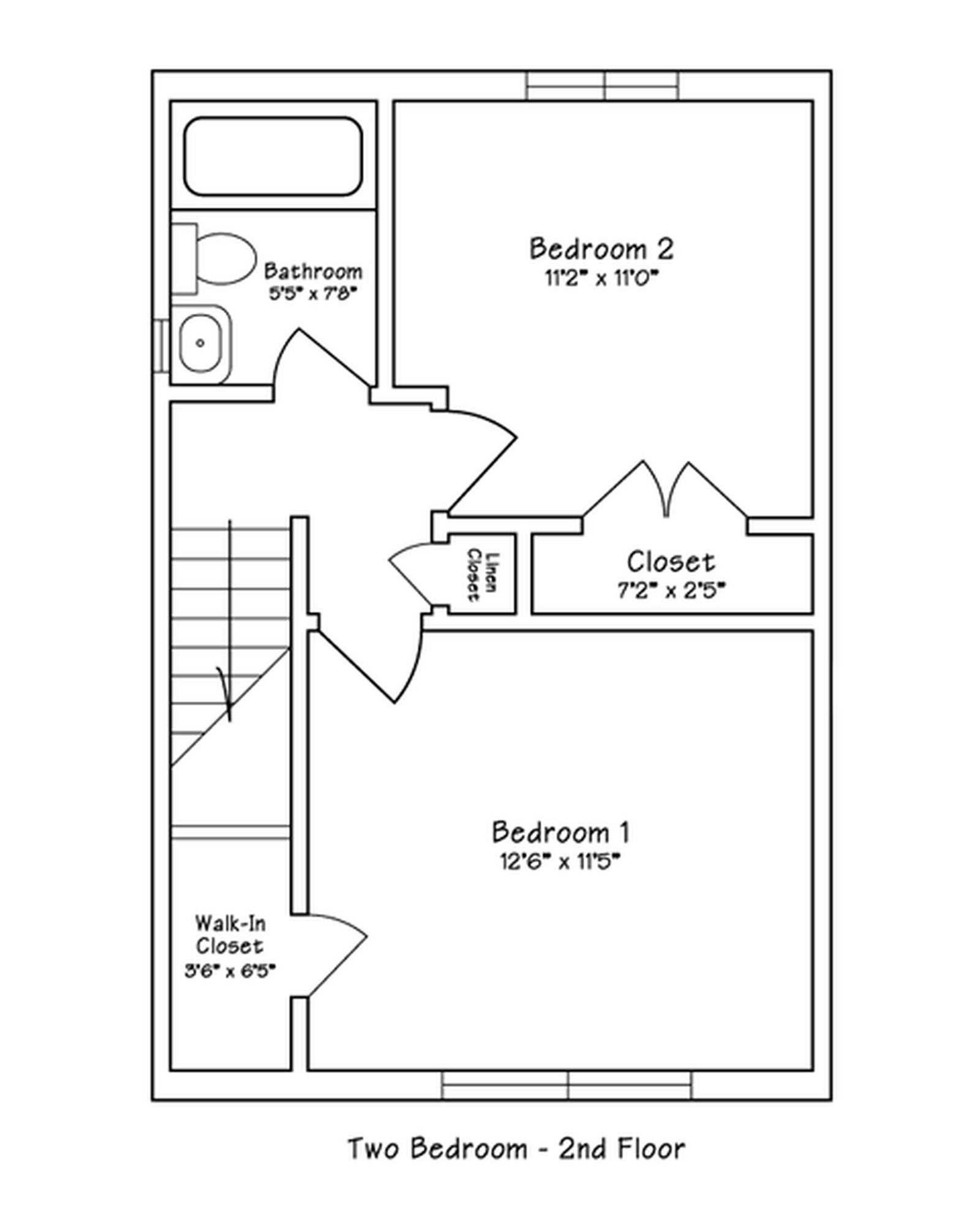 Floor plan of a two-bedroom second floor apartment with labeled rooms including Bedroom 1, Bedroom 2, a bathroom, a walk-in closet, and a closet, with room dimensions listed.
