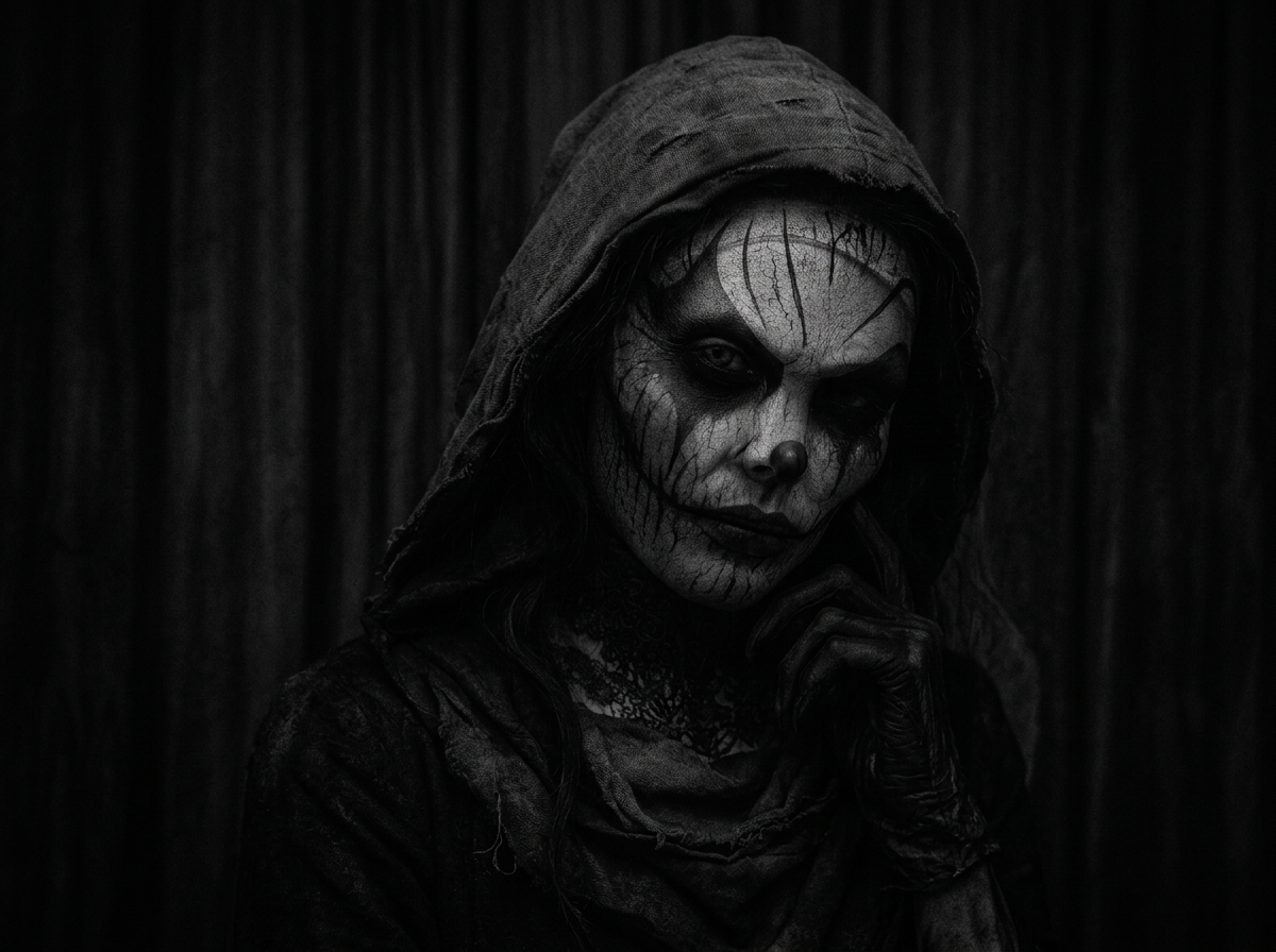 A person dressed in dark, horror-themed makeup with cracked skull face paint, wearing a hooded cloak, standing against a dark wooden background.