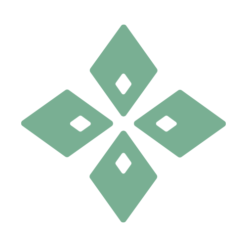 A stylized green geometric flower or star-shaped design composed of four diamond-shaped elements with smaller diamond cutouts in the center of each one, arranged symmetrically.