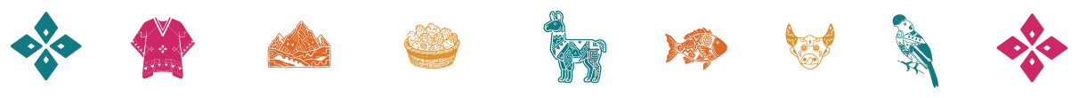 Line of colorful icons representing a flower, dress, purse, cake, toy dinosaur, fish, pig, hamster wheel, bird, and decorative flowers.
