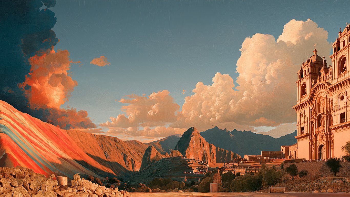 Sunset over the Sacred Valley near Cusco, Peru, featuring the ornate facade of a historic church on the right, colorful mountains on the left, and a dramatic sky with large clouds.