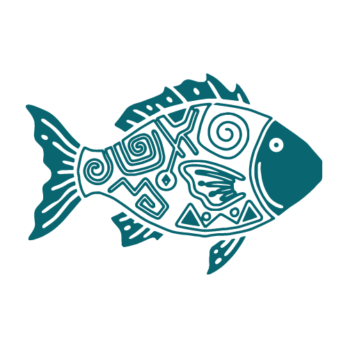 Stylized fish illustration with tribal patterns and geometric designs in blue.