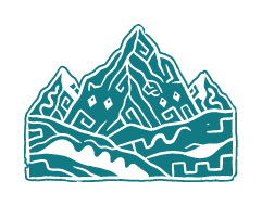 Stylized illustration of mountains with lakes and trees