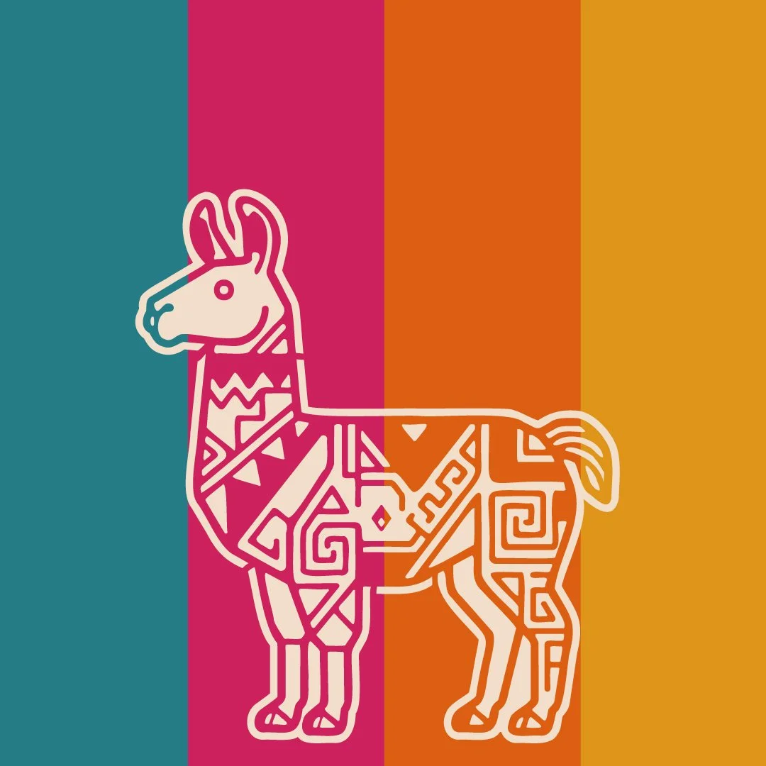A stylized line drawing of a lama with geometric patterns on a background of vertical colorful stripes in teal, pink, orange, and yellow.
