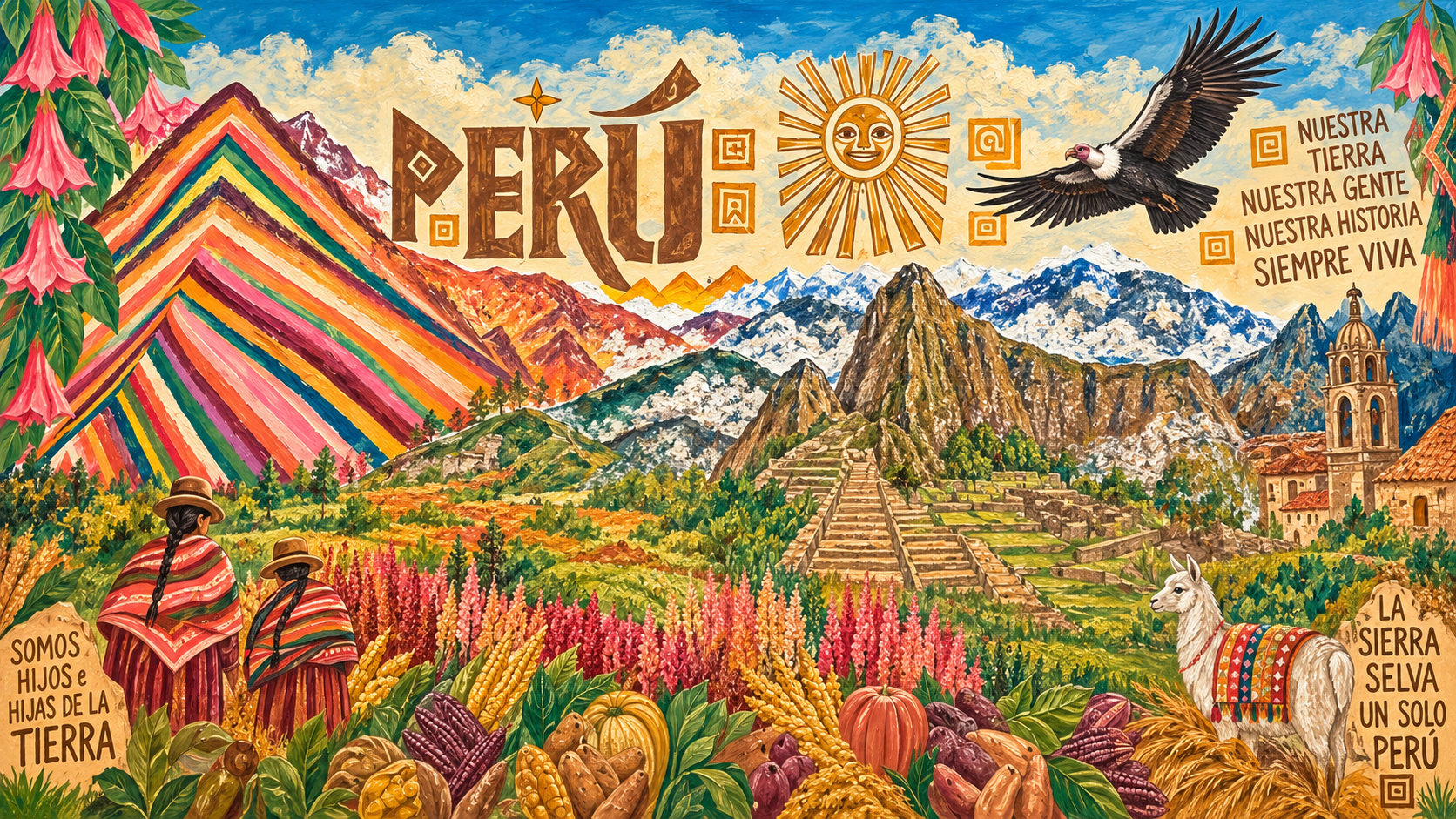 Colorful mural depicting Peruvian landscape with mountains, terraces, and agriculture; two women in traditional clothing with hats in the foreground; a llama with a decorative blanket; a flying condor; bright flowers and vegetables; the word 'Peru' and phrases in Spanish about the land and people.
