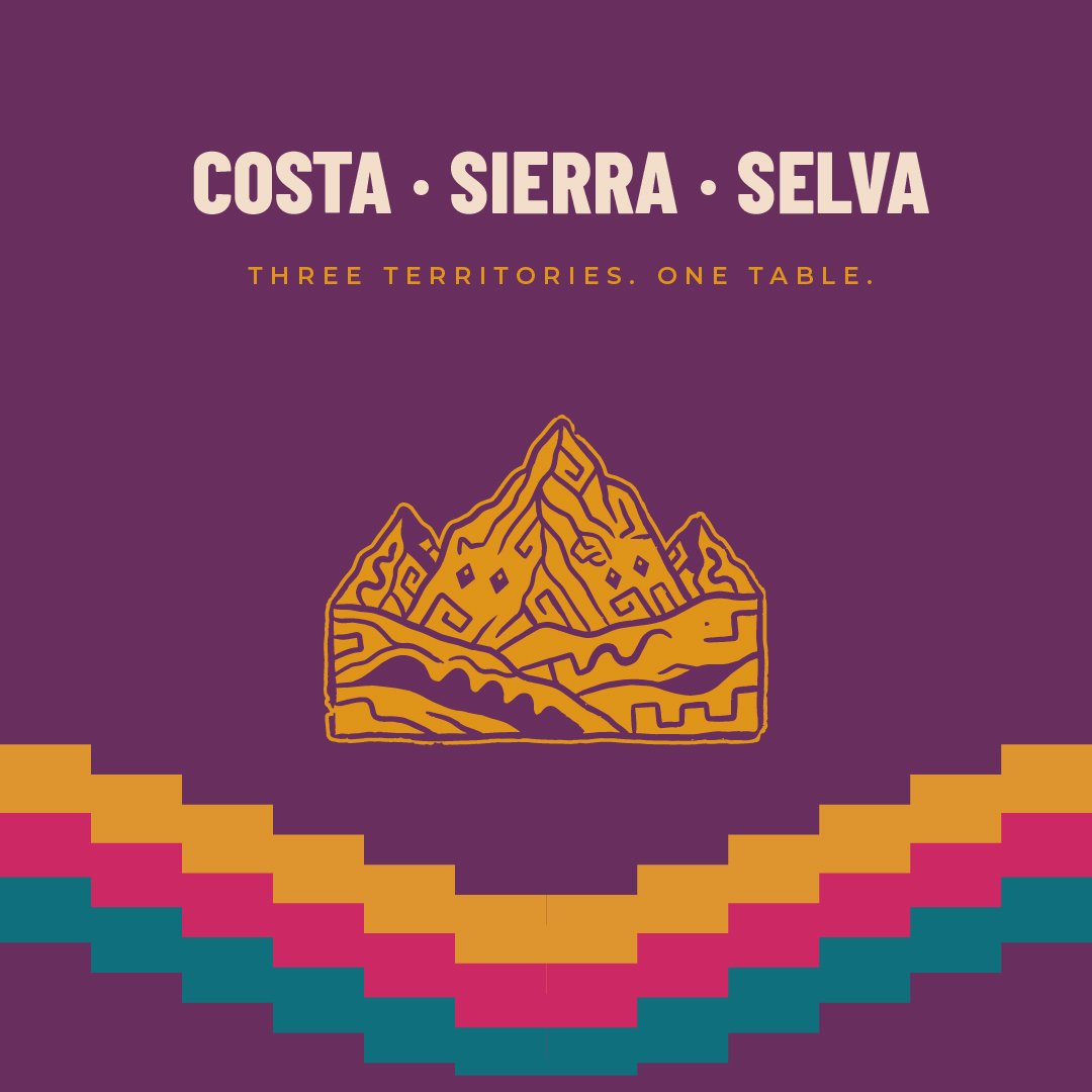 Graphic design promoting Costa, Sierra, and Selva regions, featuring a stylized mountain illustration and a colorful tiered border.