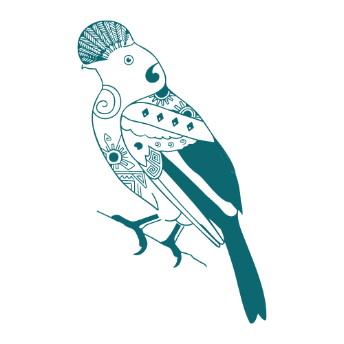 A stylized bird illustration with decorative patterns on its body and wings, perched on a branch.