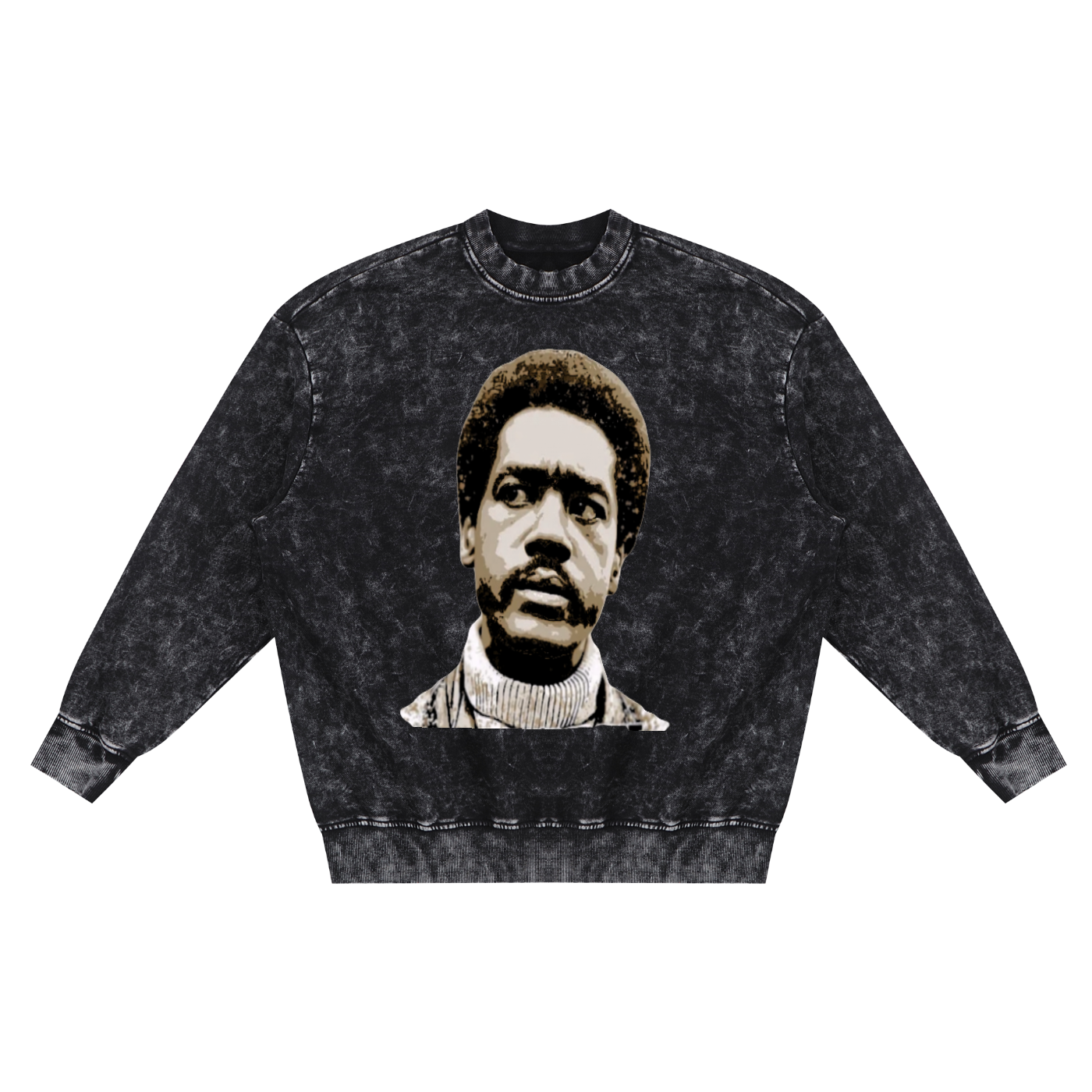 Black crewneck sweatshirt with a large graphic of a man's face, black and white portrait, on the front.