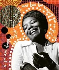 Black and white portrait of a smiling woman surrounded by colorful graphic design elements and text.