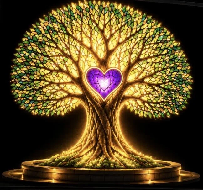Tree of Peace with a glowing purple heart at its center