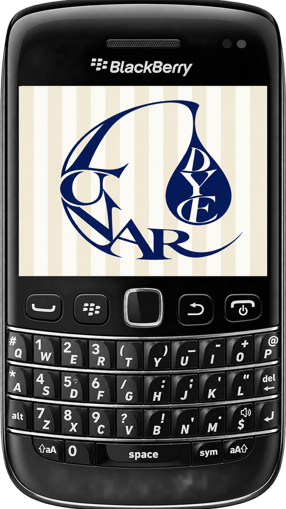 A BlackBerry smartphone displaying a logo with the words "One Dollar Char" and a dollar sign inside a teardrop shape.