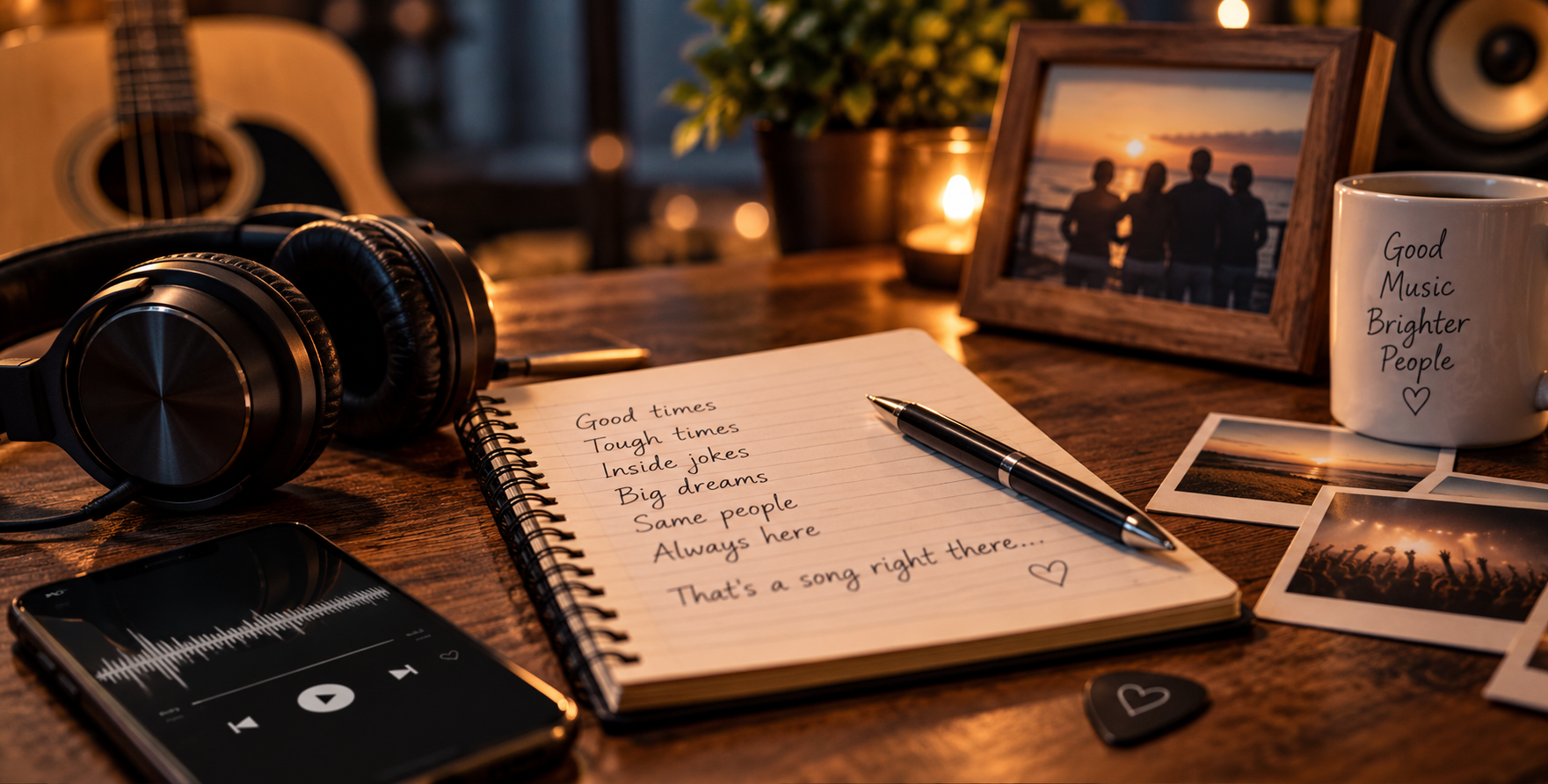 Personalized song creation with handwritten lyrics, headphones and music player.