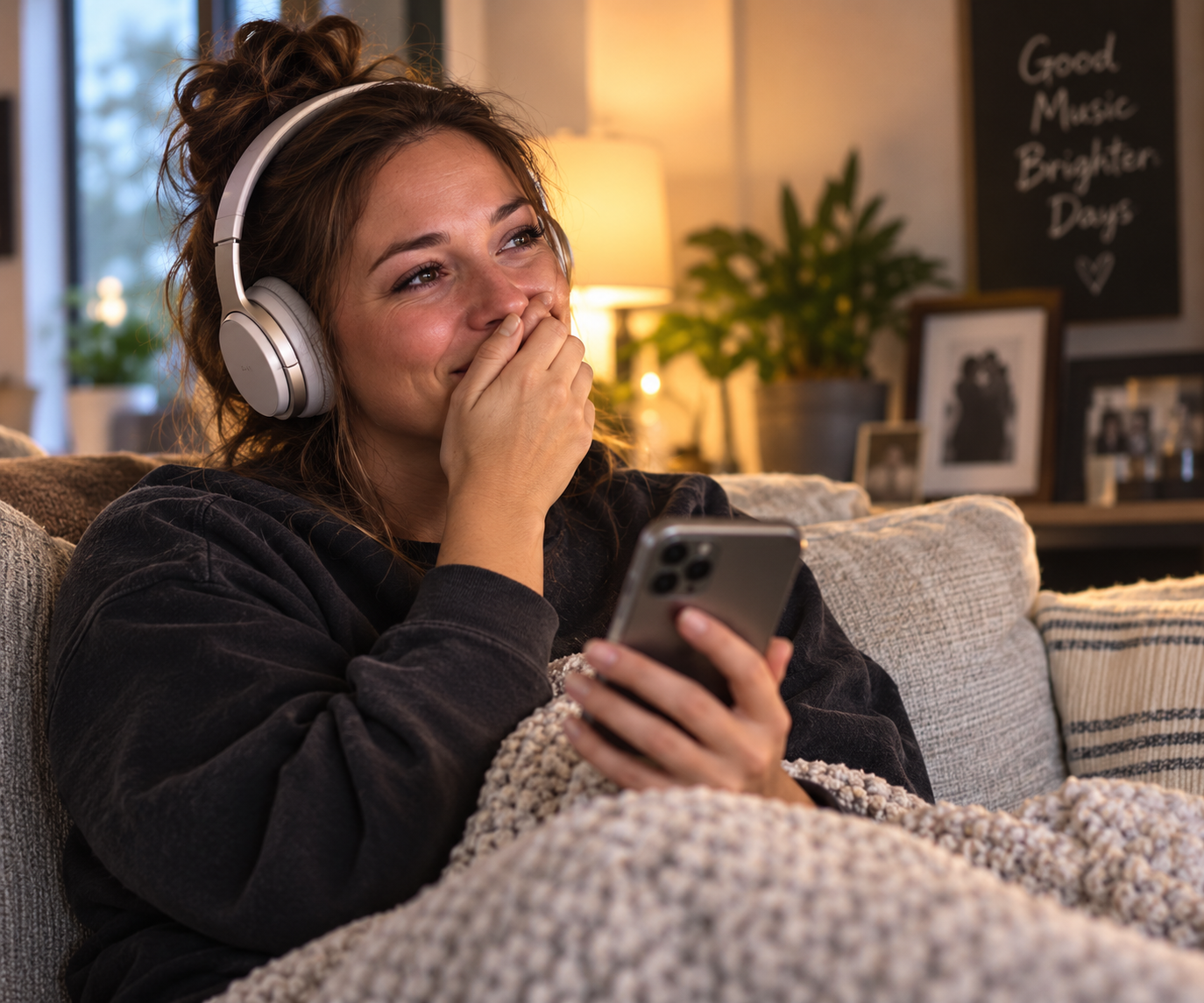 Woman wearing headphones listening to a personalized song on her phone and smiling emotionally.