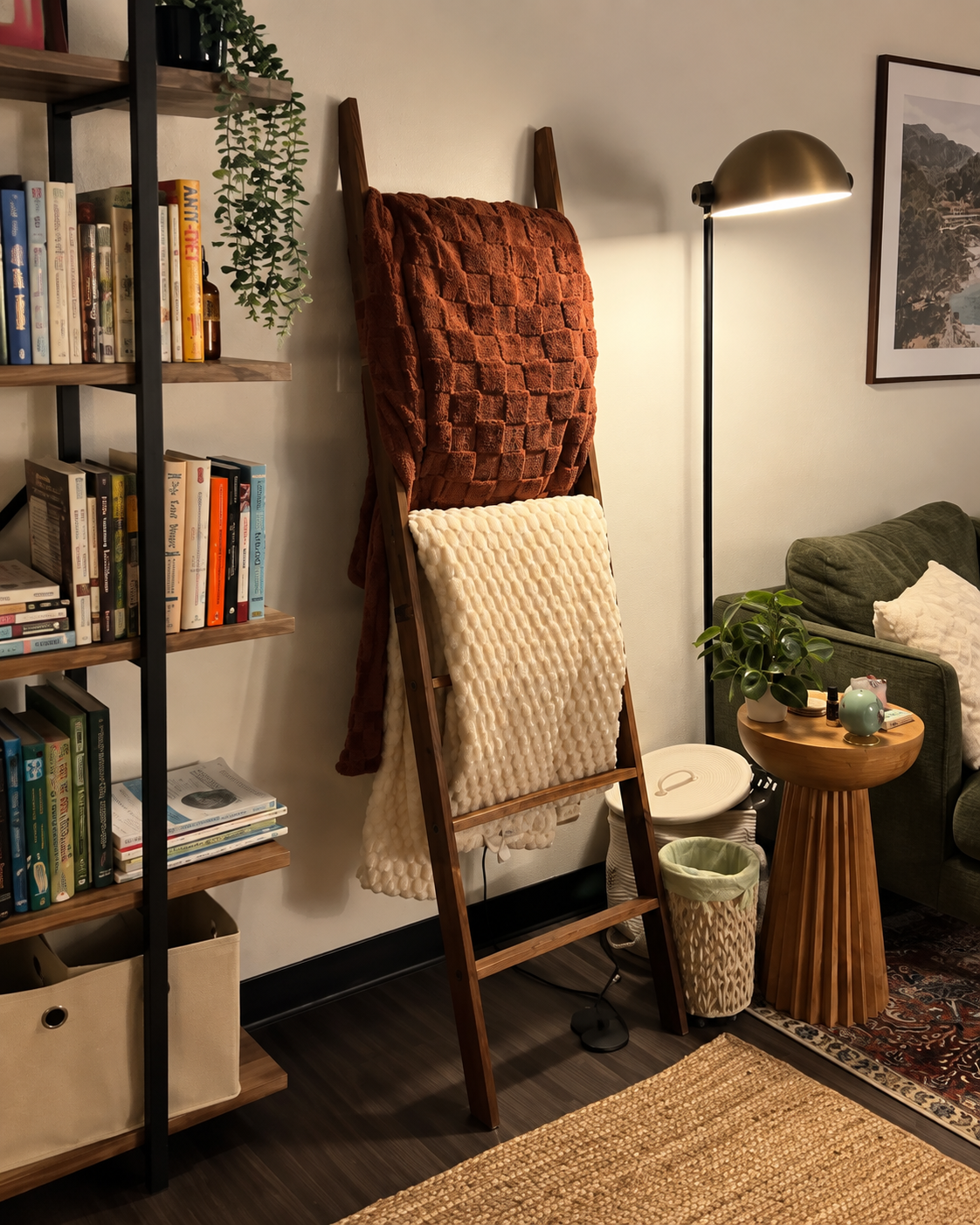 Bookshelf, blanket ladder, floor lamp, and green sofa in Kenda Price’s Pasadena therapy office