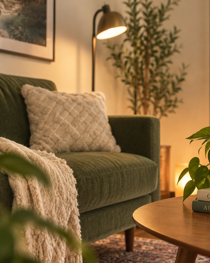Green sofa, plants, and warm lighting in Kenda Price’s Pasadena therapy office