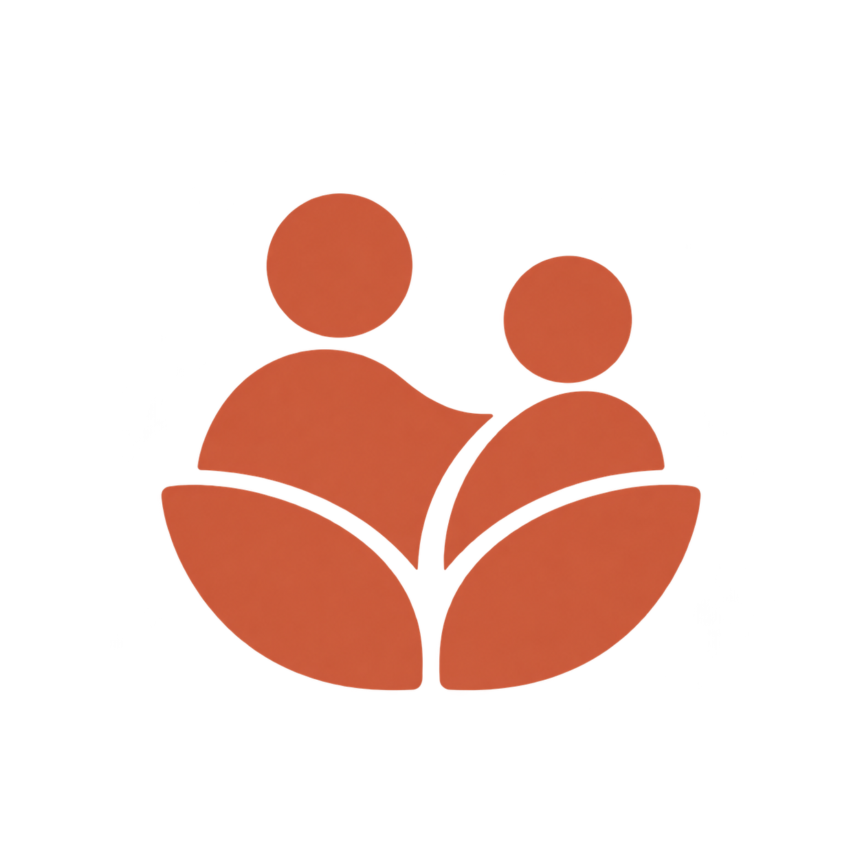 Graphic icon of two abstract human figures, one larger and one smaller, enclosed in a stylized leaf or petal shape with shades of orange and red.