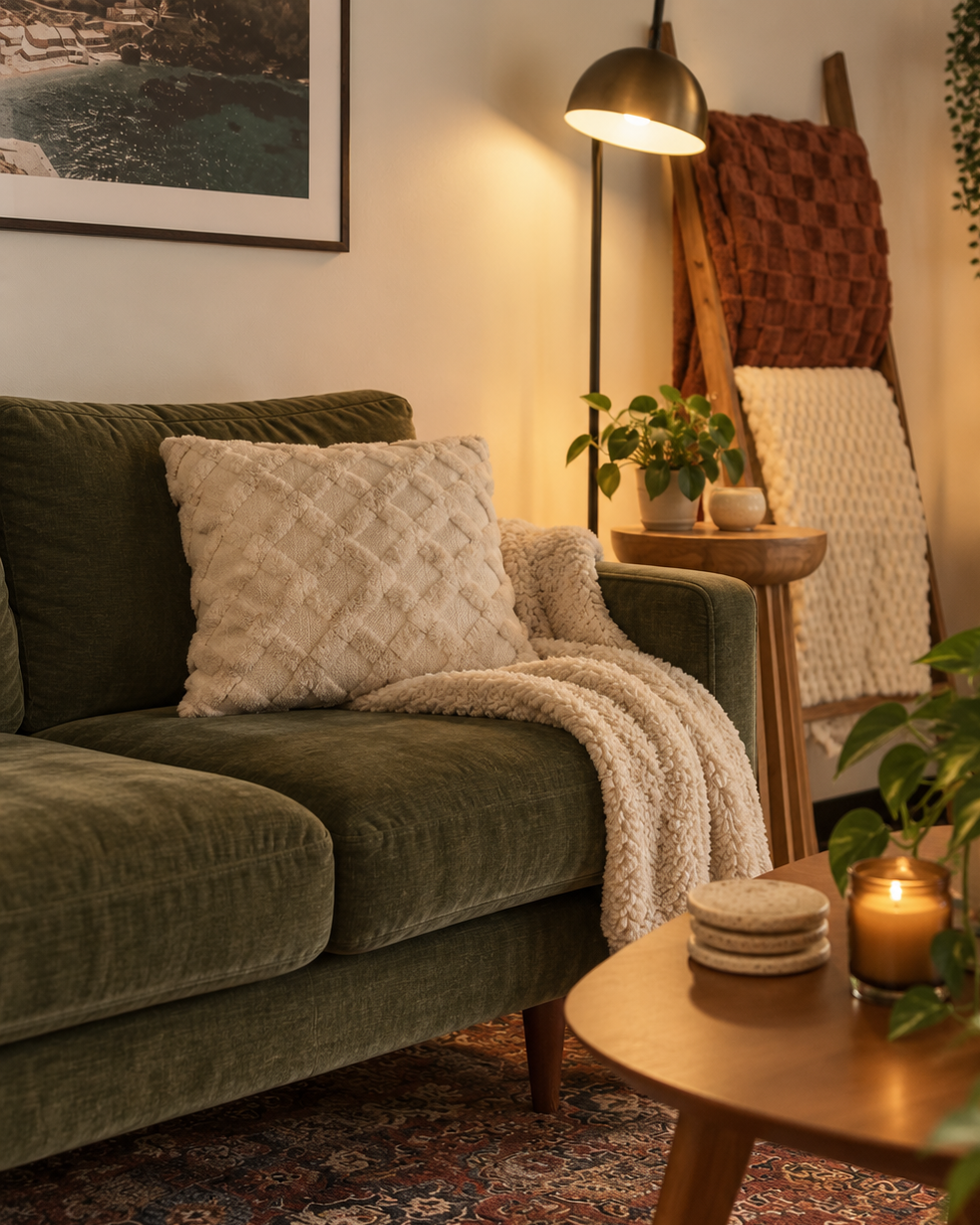 Green sofa, pillows, side table, and plants in a warm Pasadena therapy office