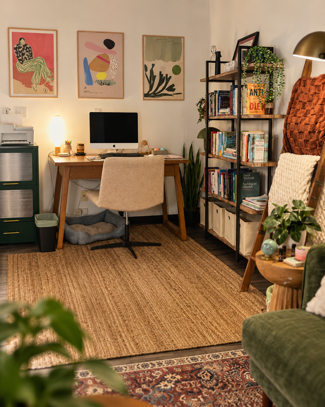 Desk and bookshelf in Kenda Price’s therapy office in Pasadena, California