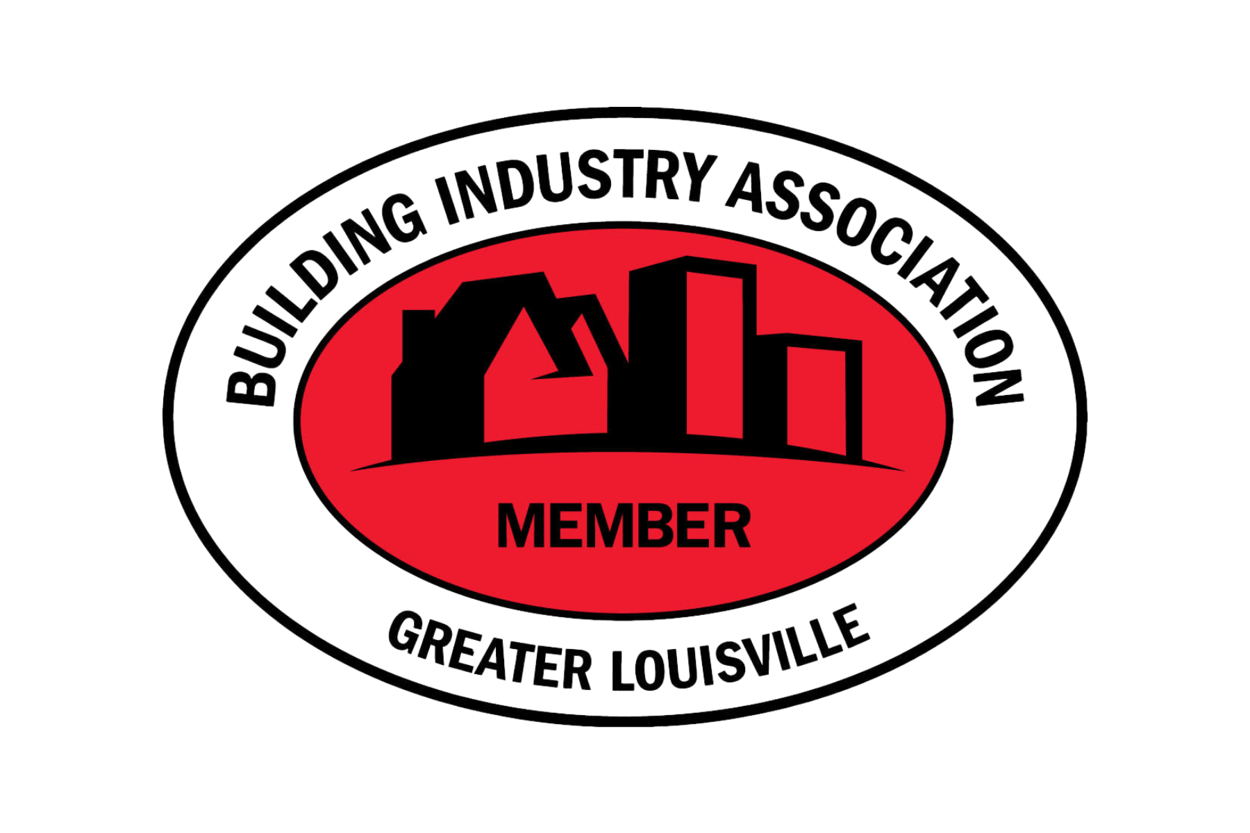 A circular badge with a white outer ring containing the text 'BUILDING INDUSTRY ASSOCIATION GREATER LOUISVILLE' at the top and bottom, and a central red oval with black silhouette of buildings and the words 'MEMBER' underneath.