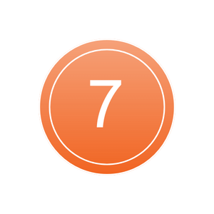 Orange circular badge with the number 7 in white center.