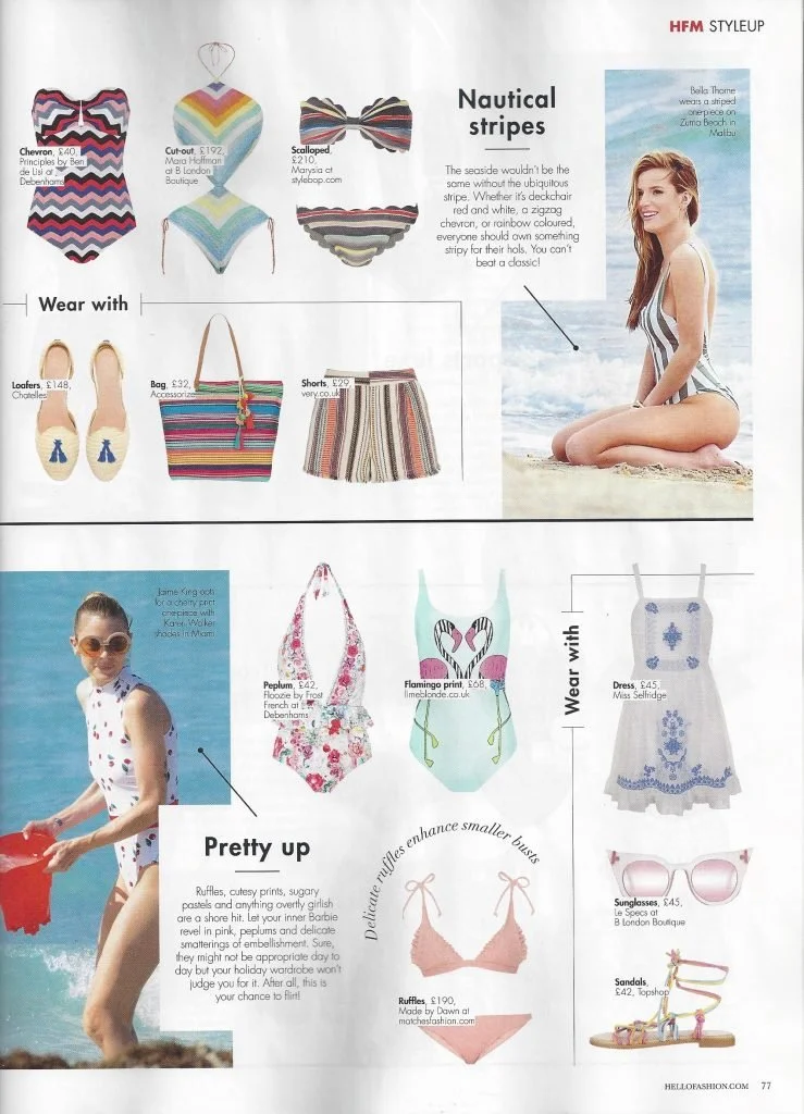 Page from a fashion magazine showcasing summer outfits and accessories, including swimsuits, beachwear, and sandals, with a woman and a girl at the beach.