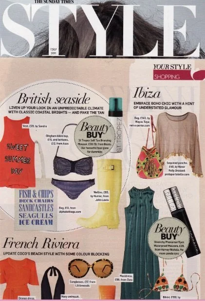 A magazine page with fashion and beauty advertisements, including mentions of Ibiza, British seaside, French Riviera, and various clothing and accessories.