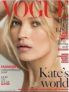 Cover of Vogue magazine featuring a close-up of Kate Moss with blonde hair and minimal makeup.