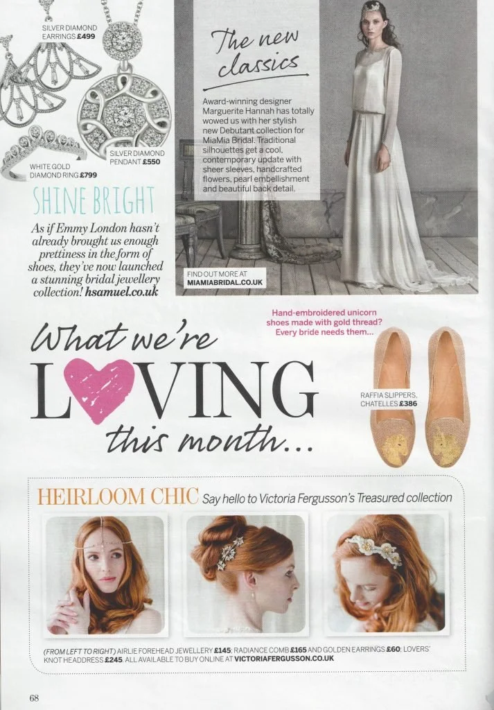 Page from a magazine featuring jewelry, wedding dress, shoes, and bridal hairstyles, with various text discussing fashion and accessories.